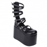 Black Strappy High Top Lolita Platforms Punk Rock Chunky Heels Boots Creepers Shoes